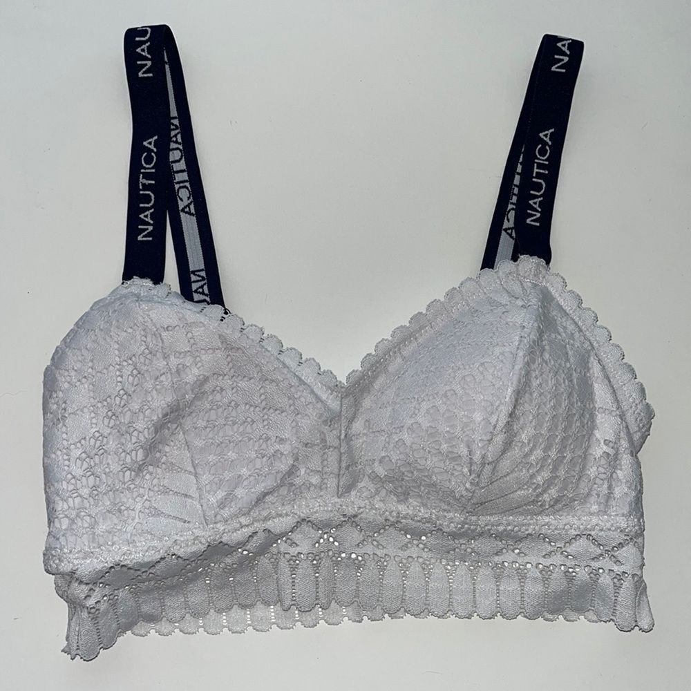 Nautica Intimates Logo Lace Bralette White & Navy nautical lightly padded Small